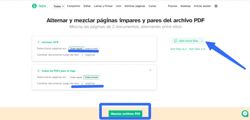 Configurar una mezcla 2:1 de páginas PDF en Sejda
