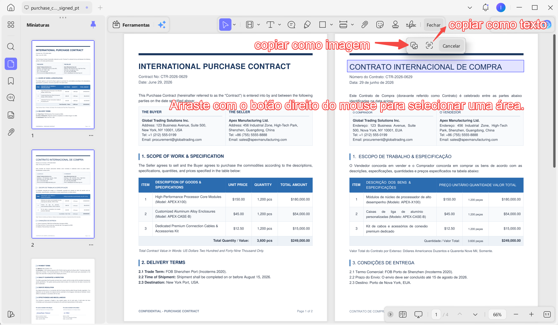 right drag to select pdf area and copy as image or text