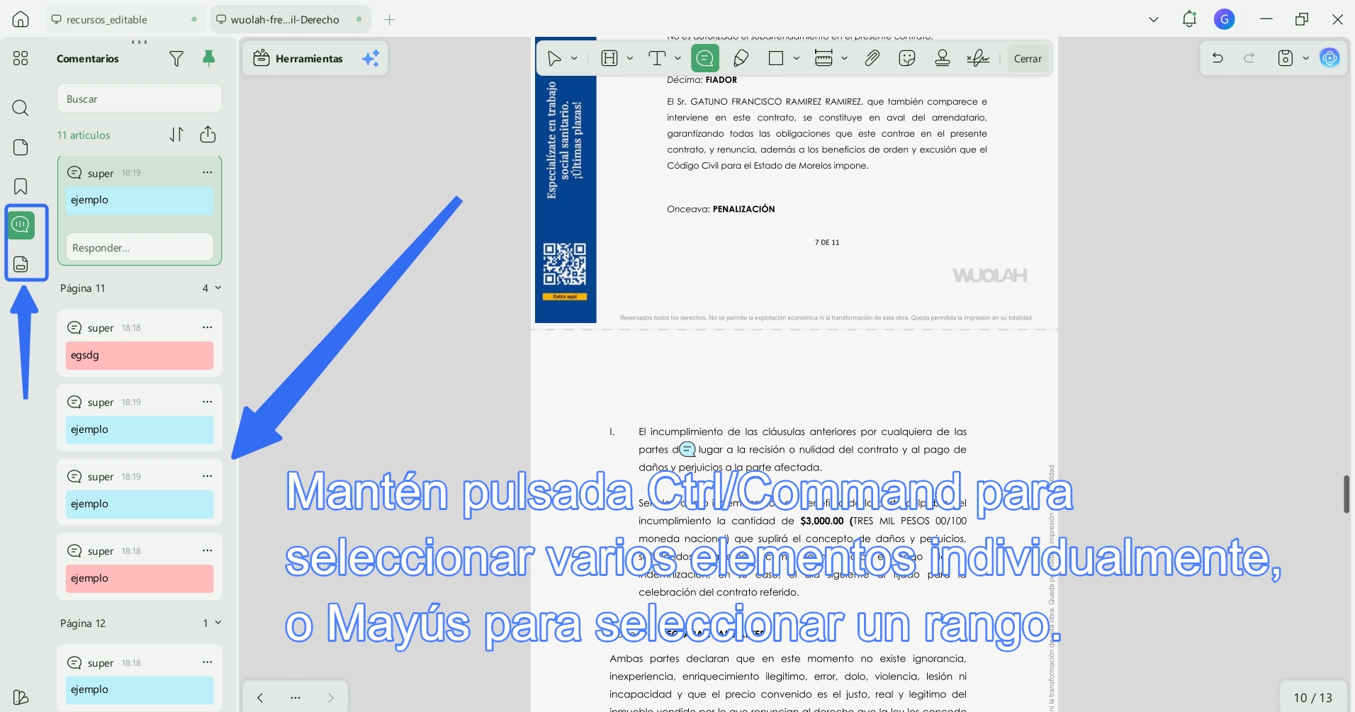 seleccionar y eliminar varios comentarios o elementos de formularios a la vez