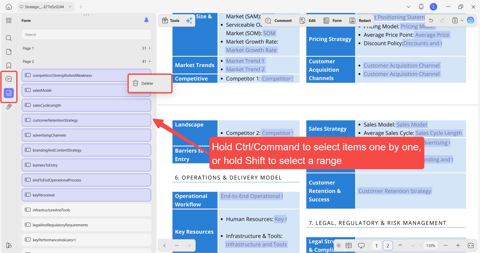 select and delete multiple items in the comment and form lists