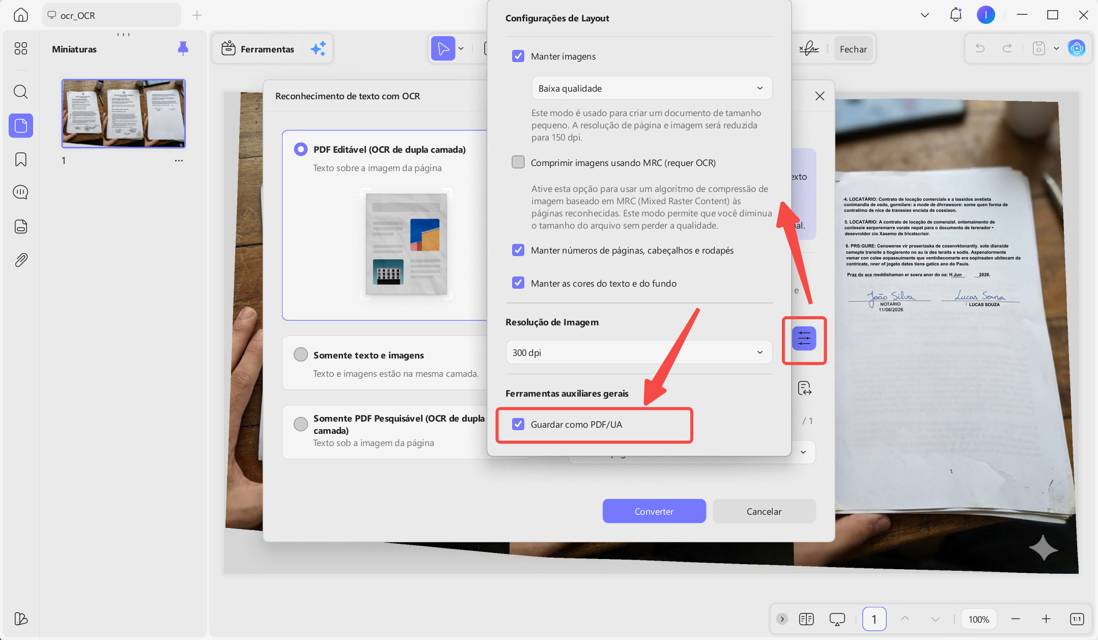 select save as pdf ua option in pdf ocr layout settings