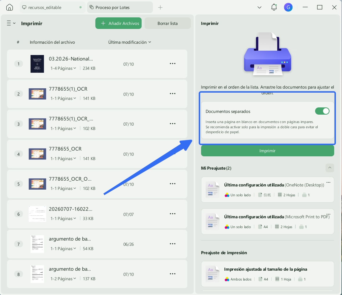 seperar documentos al imprimir por lote
