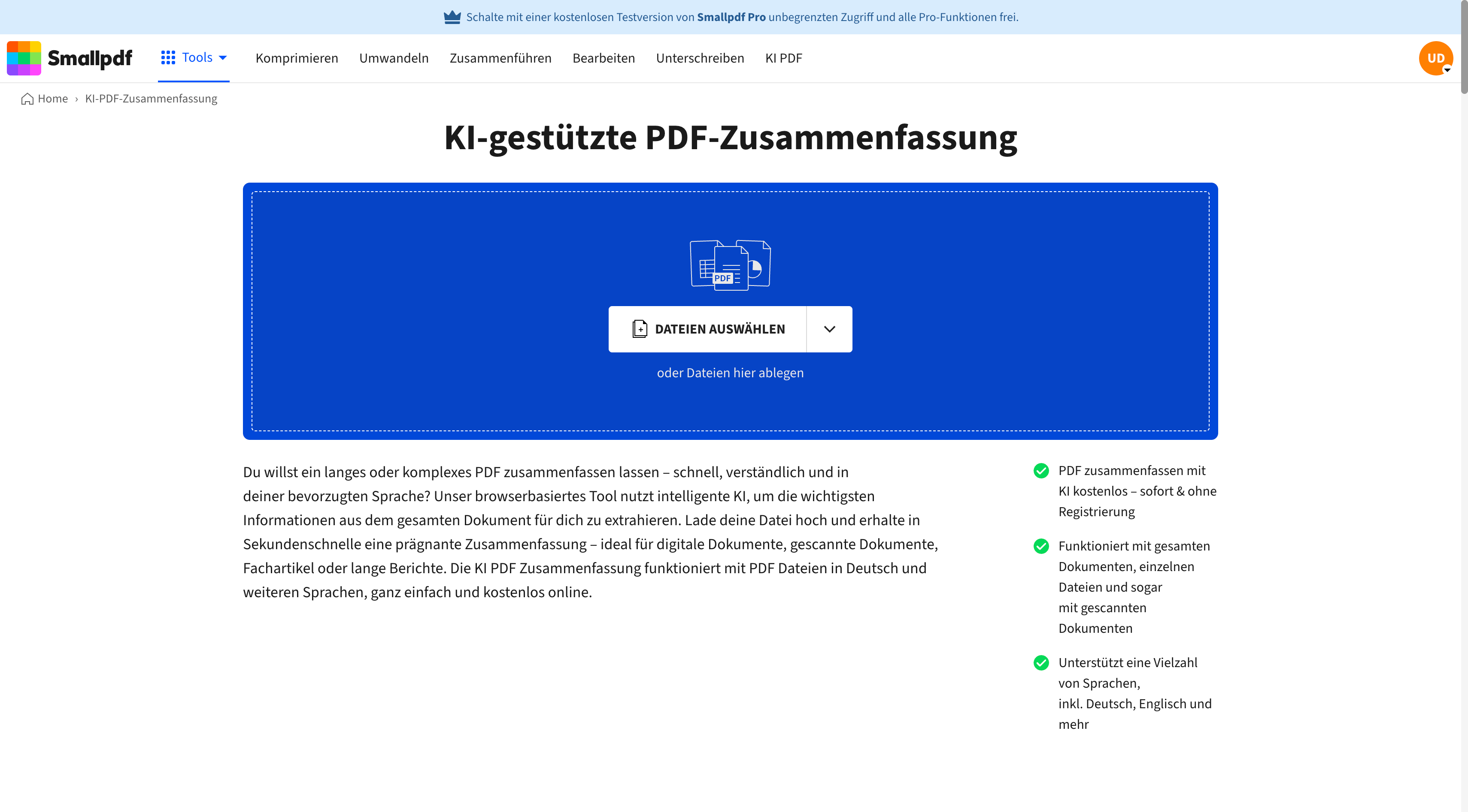 PDF zusammenfassen KI mit SmallPDF