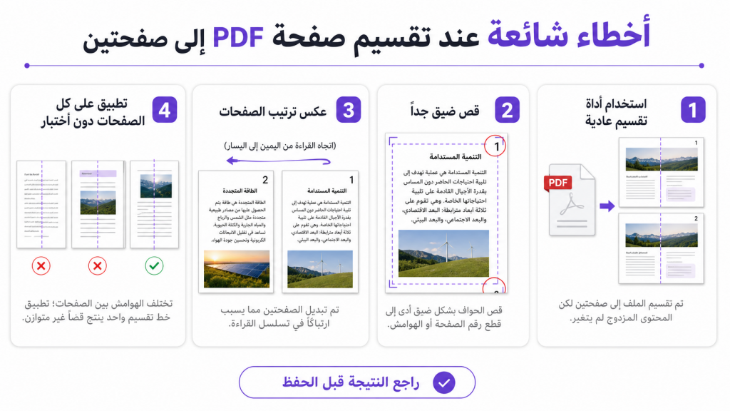 أخطاء شائعة عند تقسيم صفحة PDF إلى صفحتين