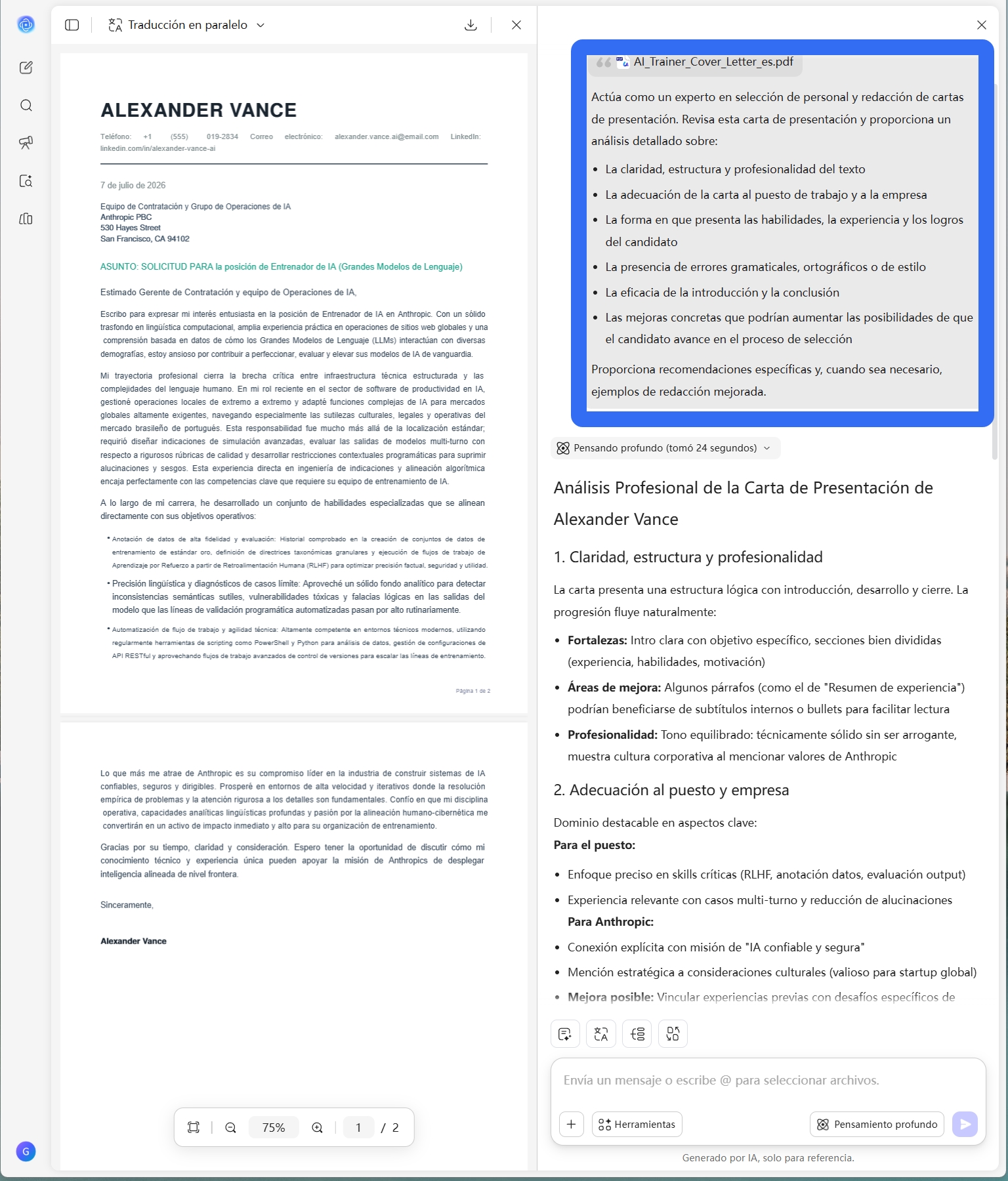 revisión de carta de presentación con IA