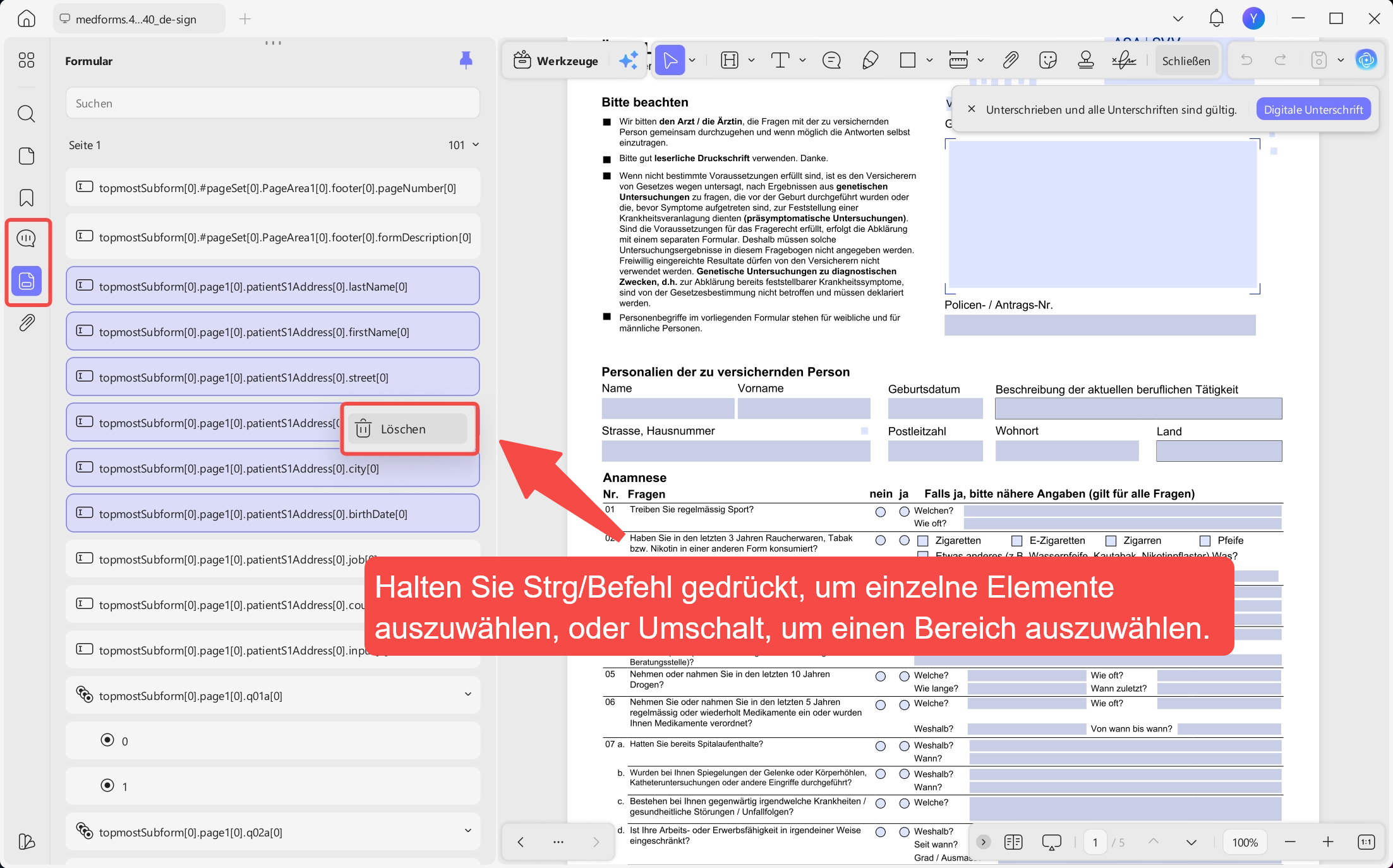 select and delete multiple items in the comment and form lists