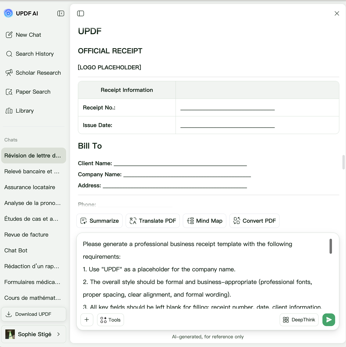 UPDF AI receipt generator
