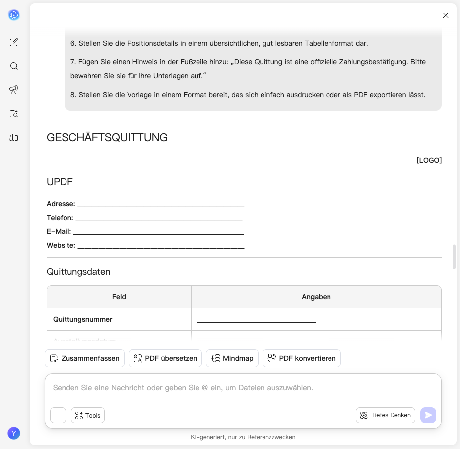 UPDF AI receipt generator