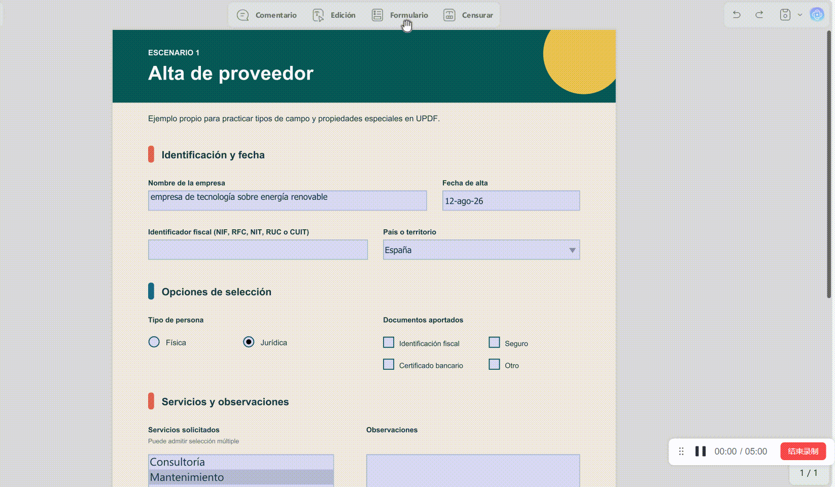 Configurar el valor y el estado de una casilla de verificación en UPDF