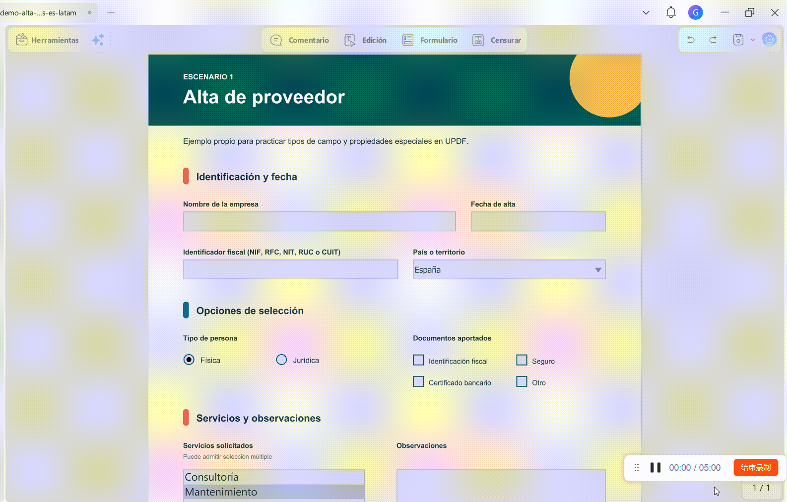 Configurar las propiedades de un campo de texto y un campo de fecha en UPDF