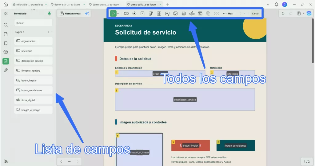 Tipos de campos y lista Formulario para editar un PDF en UPDF