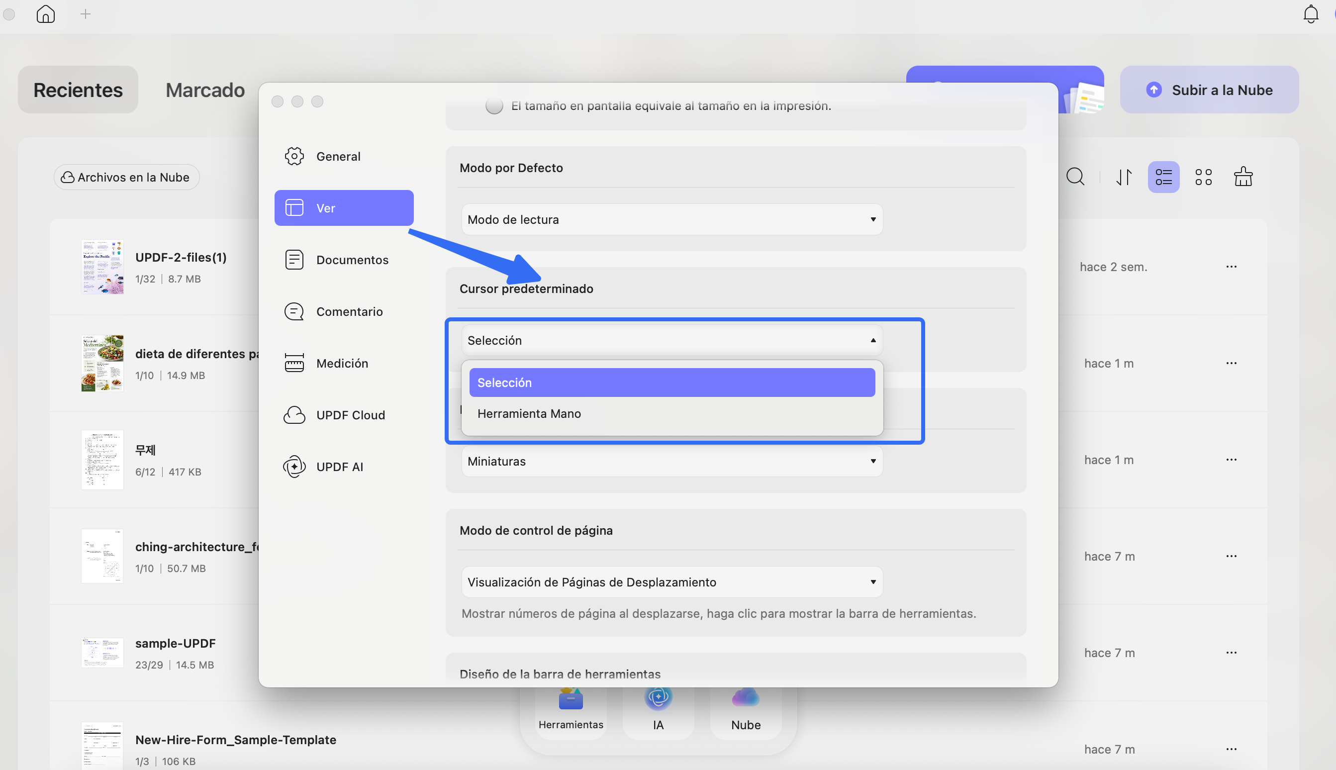 Elegir el cursor preferido como predeterminado en UPDF en Mac