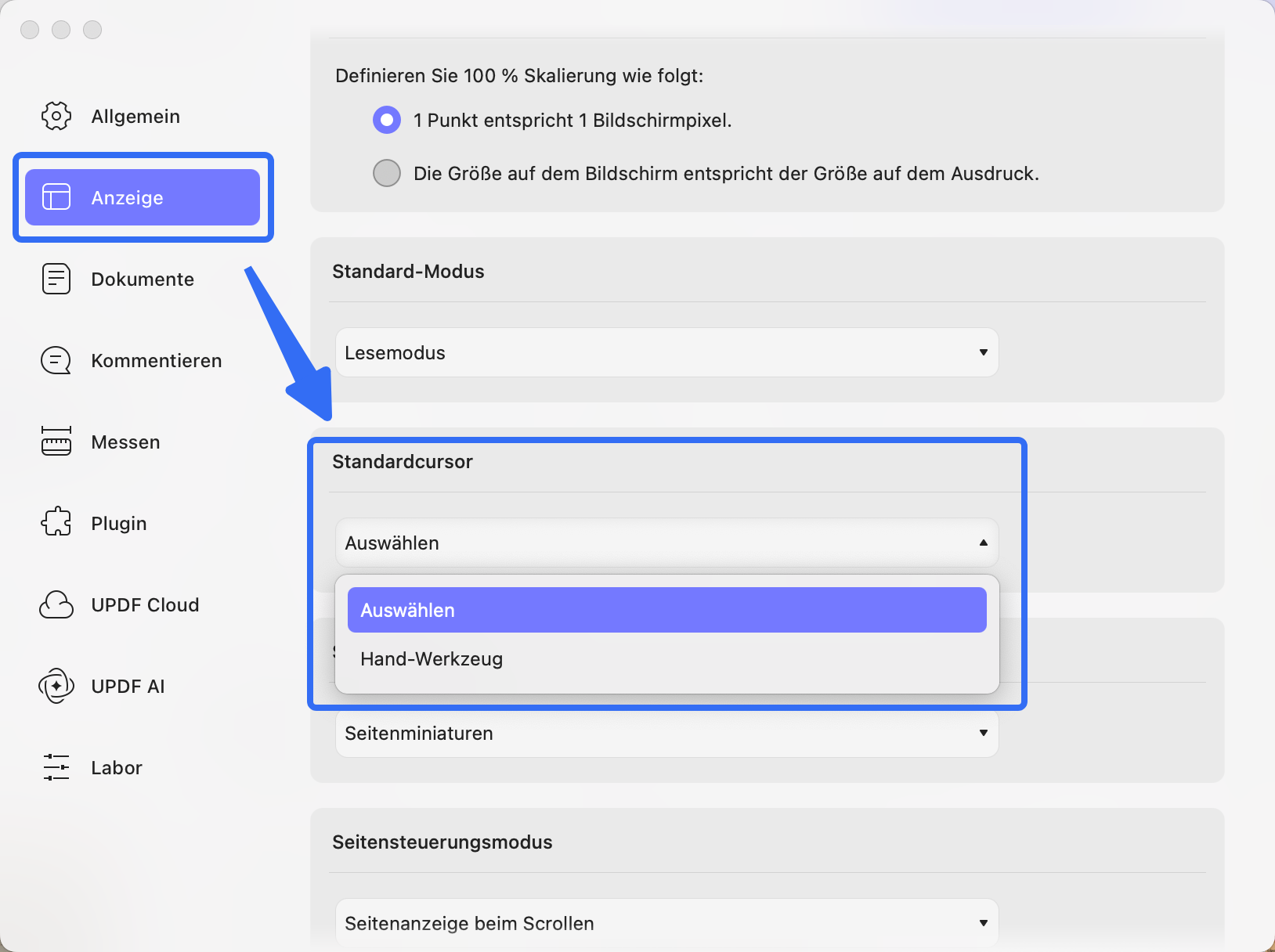 Bevorzugtes Cursor-Werkzeug in UPDF für Mac als Standard festlegen