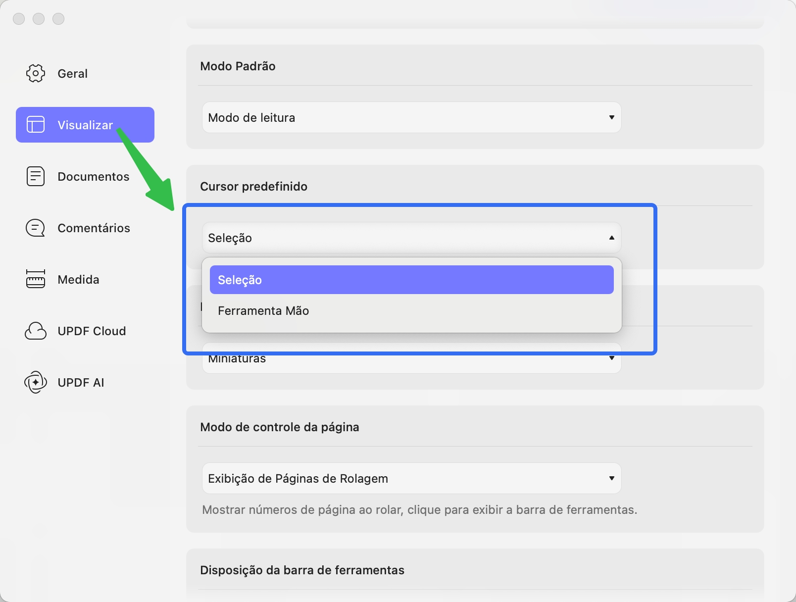 definir a ferramenta de cursor preferida como padrão no UPDF para Mac