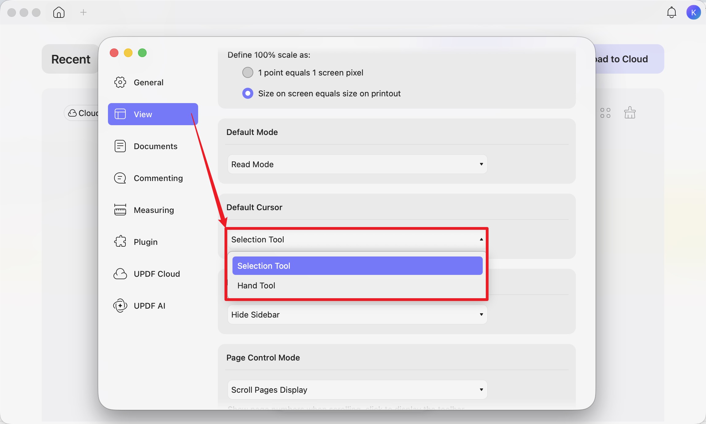 set preferred cursor tool as default in UPDF for Mac