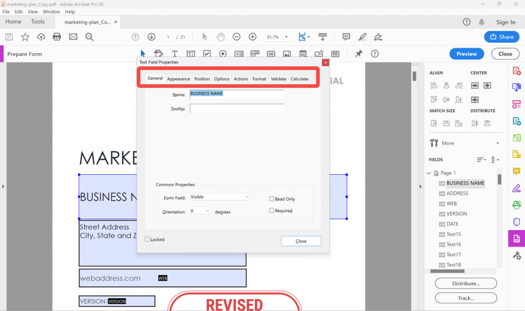 Editar las propiedades de un campo de formulario PDF en Adobe Acrobat