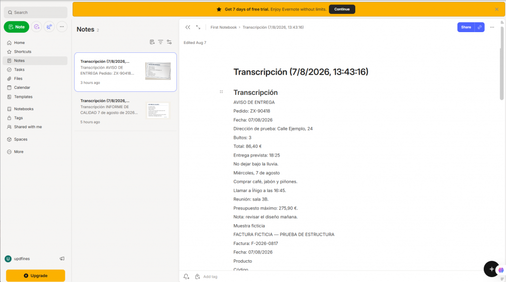 Evernote AI Transcribe para trancripir imagen a texto como nota