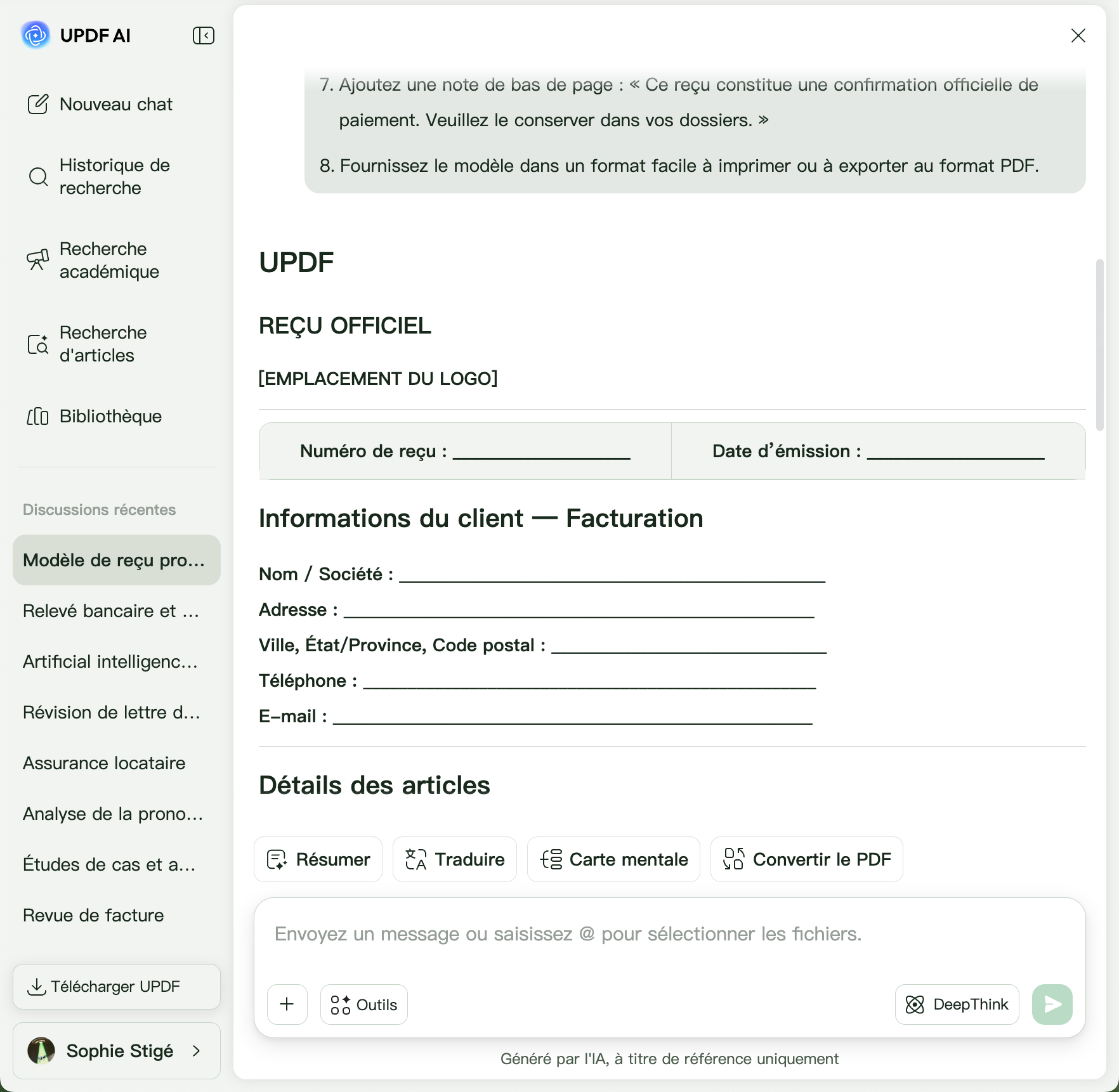 générateur de reçus UPDF AI