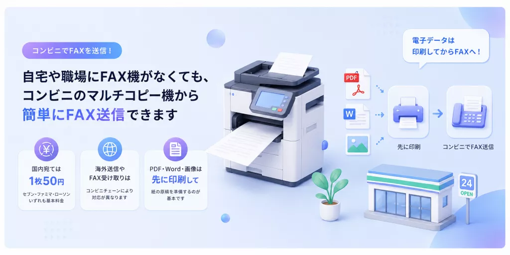 コンビニのマルチコピー機からFAXを送る方法を説明するイメージ