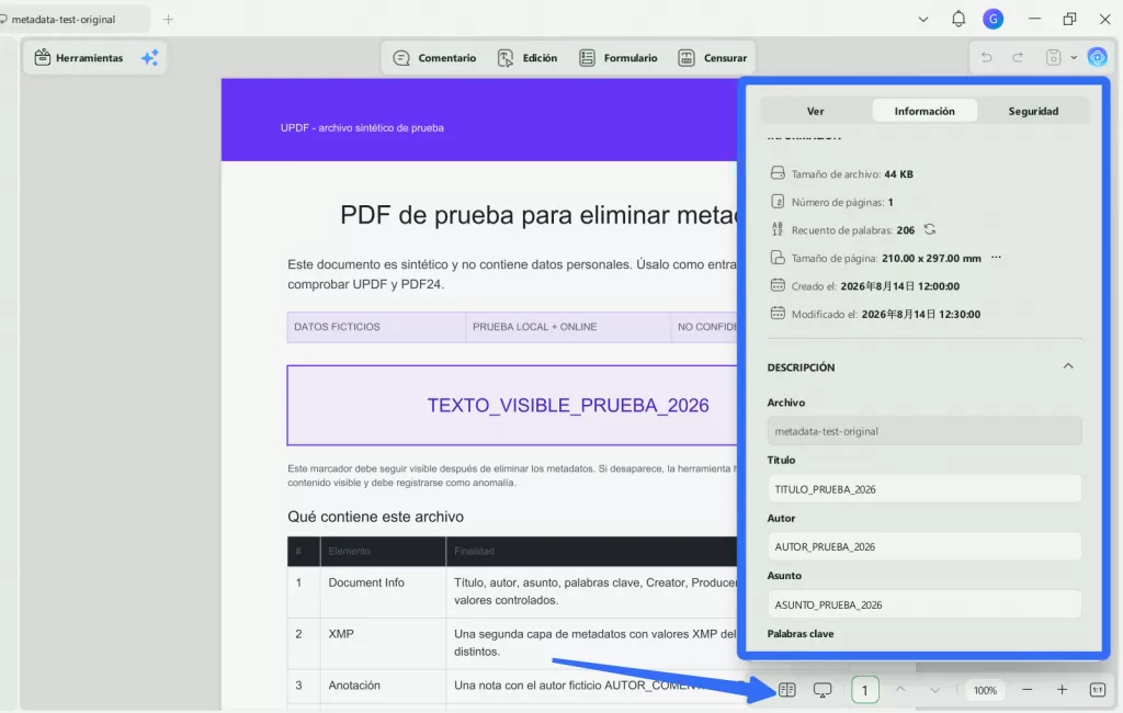 Propiedades originales de un PDF en UPDF