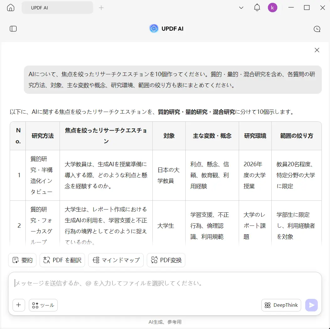 リサーチクエスチョンの入力内容と生成結果