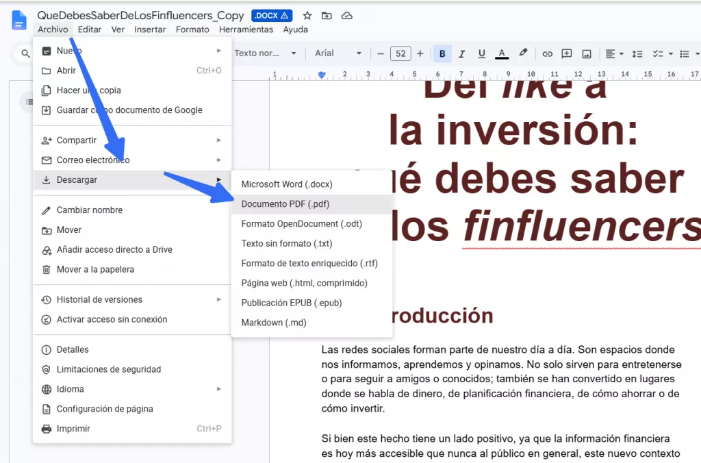 Descargar un documento de Google como PDF en el ordenador