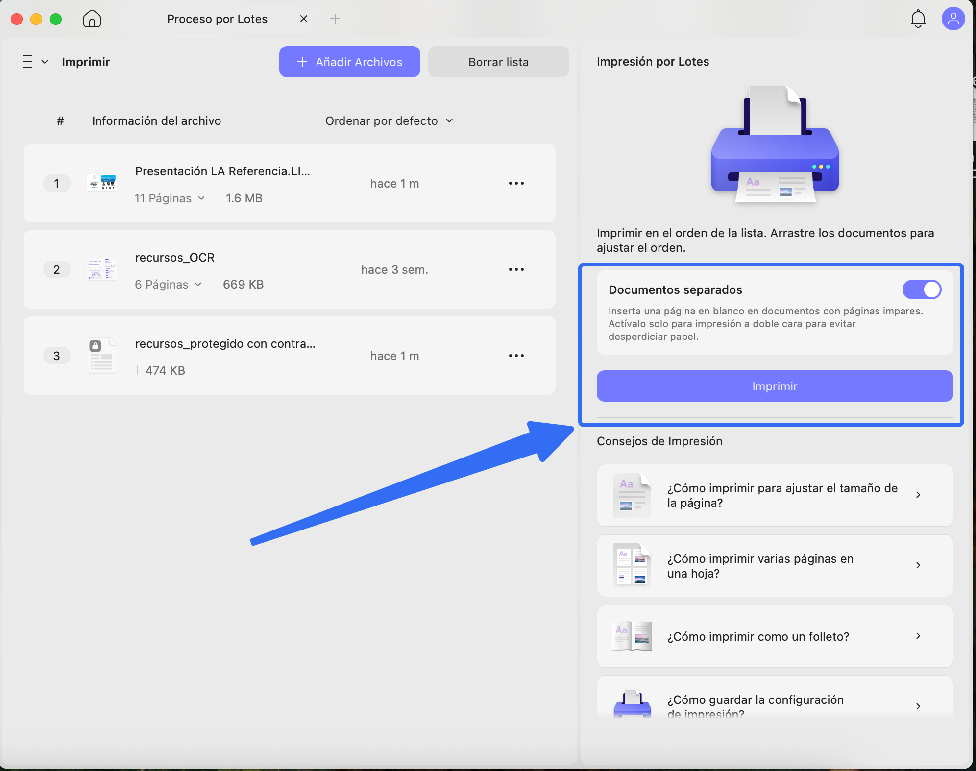 separar entre documentos cuando imprimir PDF a doble cara por lotes en Mac en UPDF
