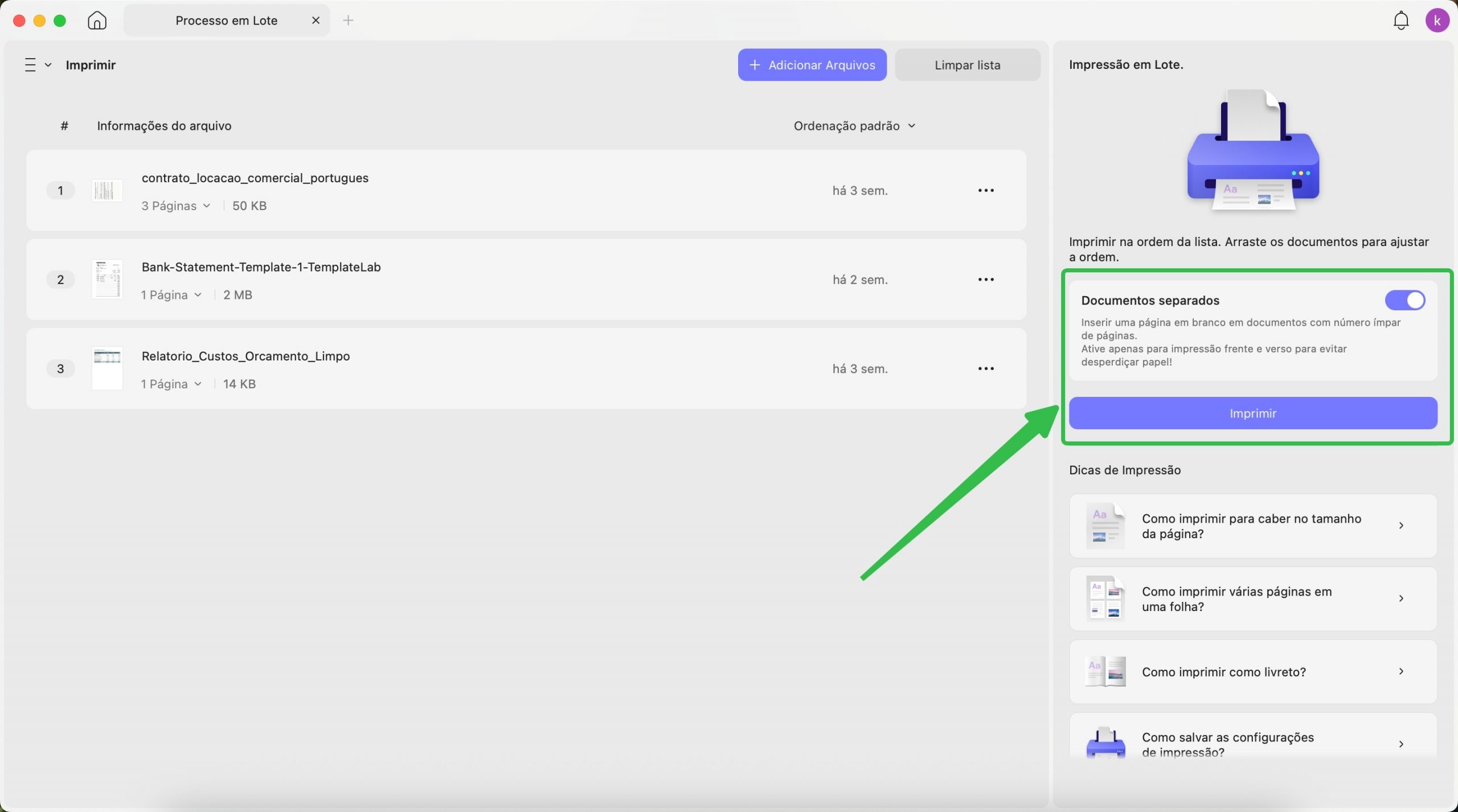 separar documentos ao imprimir PDFs em frente e verso em lote no Mac