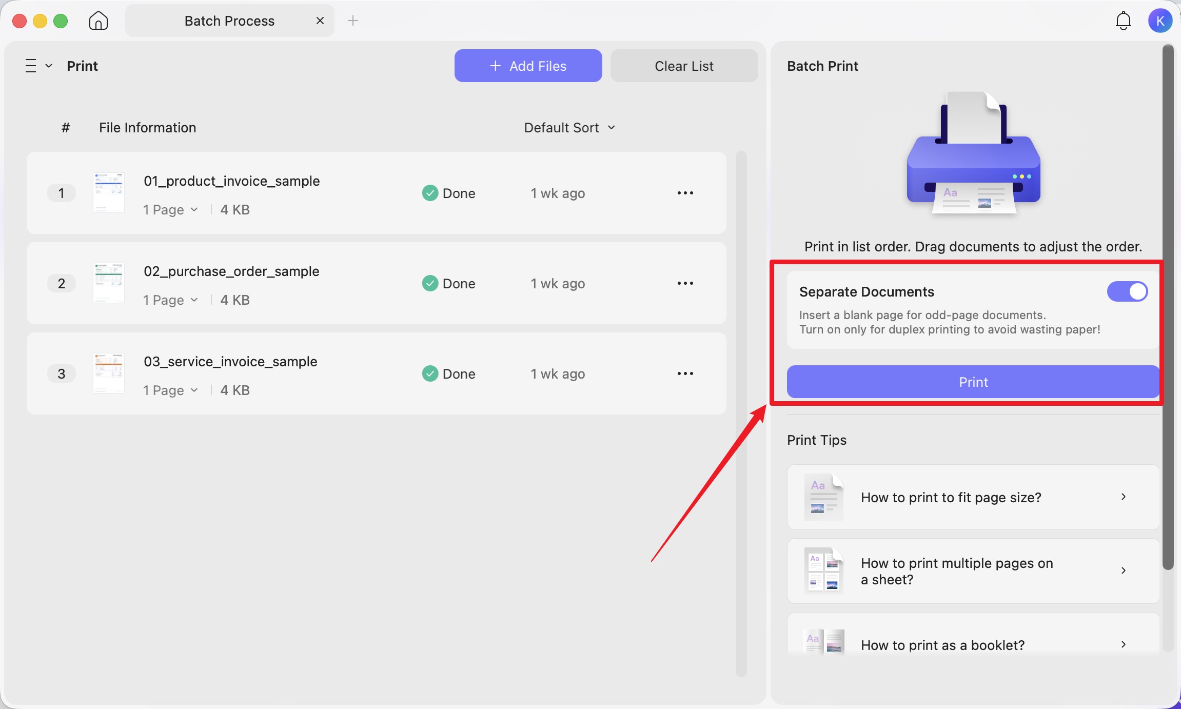 split across documents when batch printing double-sided PDFs on Mac