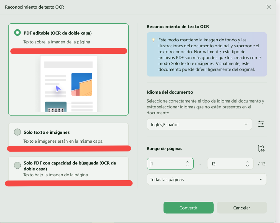 Elige el tipo de salida OCR según tus necesidades