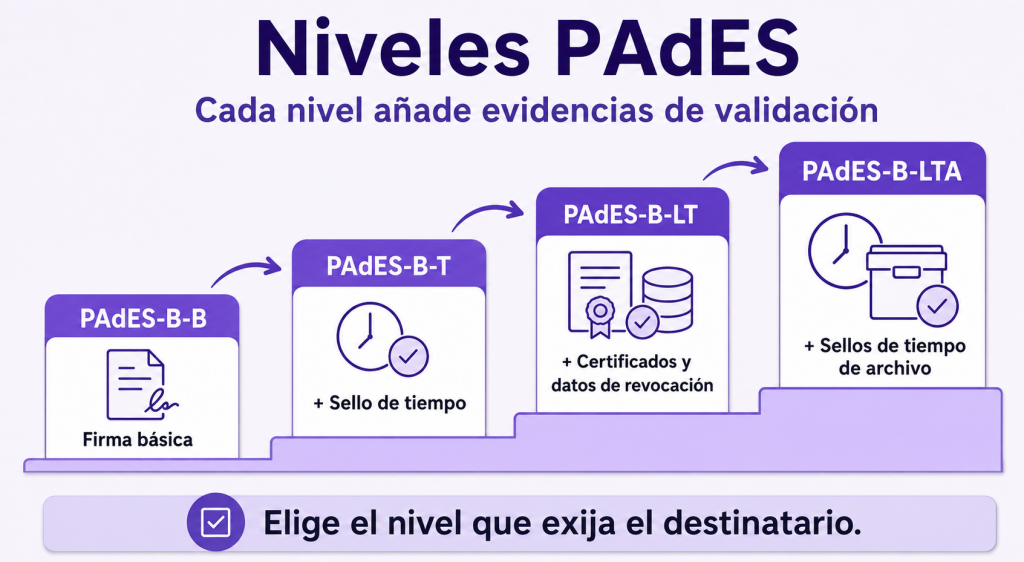 Niveles PAdES B-B, B-T, B-LT y B-LTA