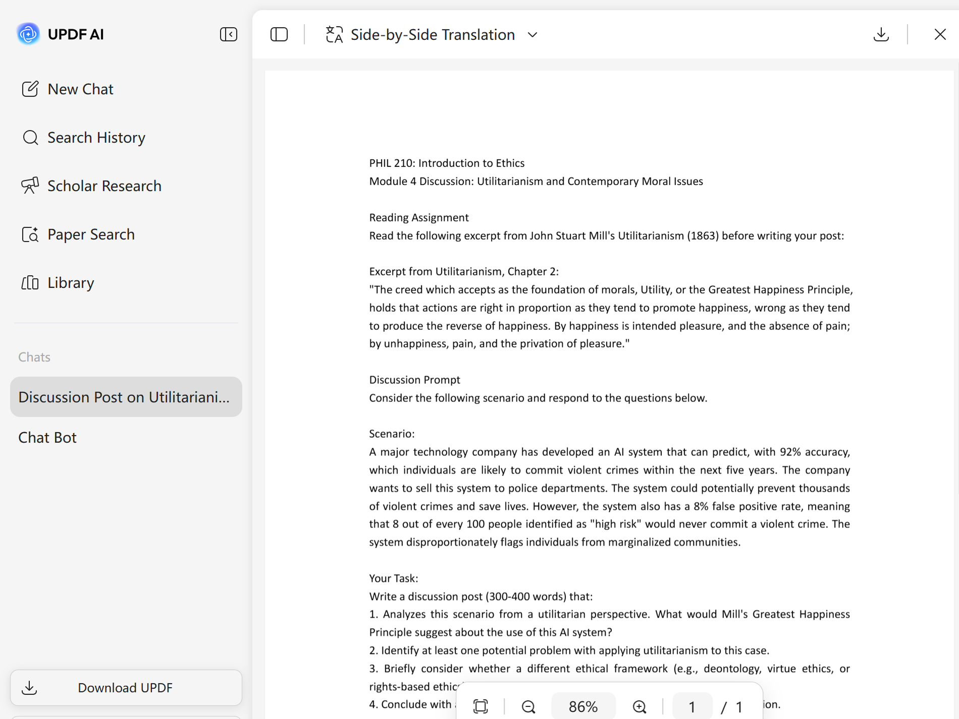 UPDF AI Discussion Post Generator interface