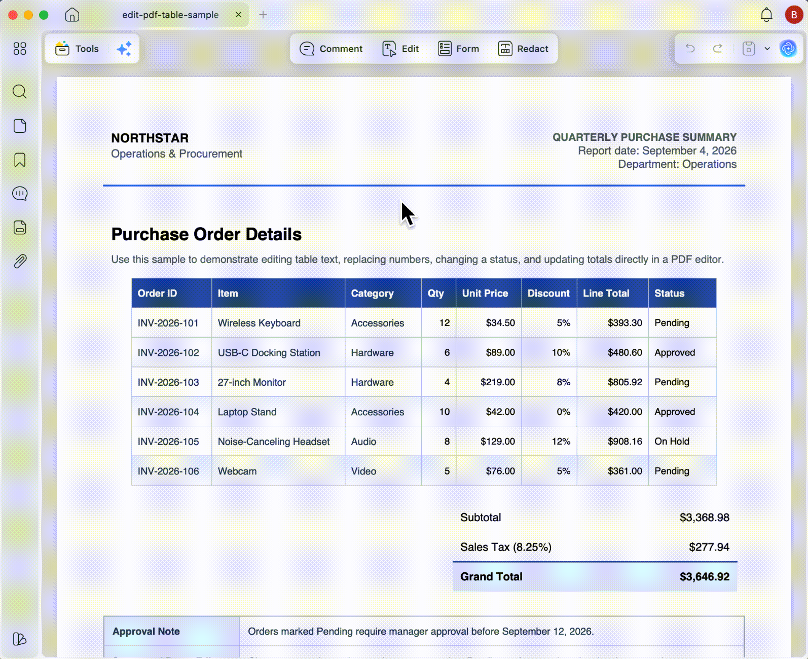 edit pdf table using updf