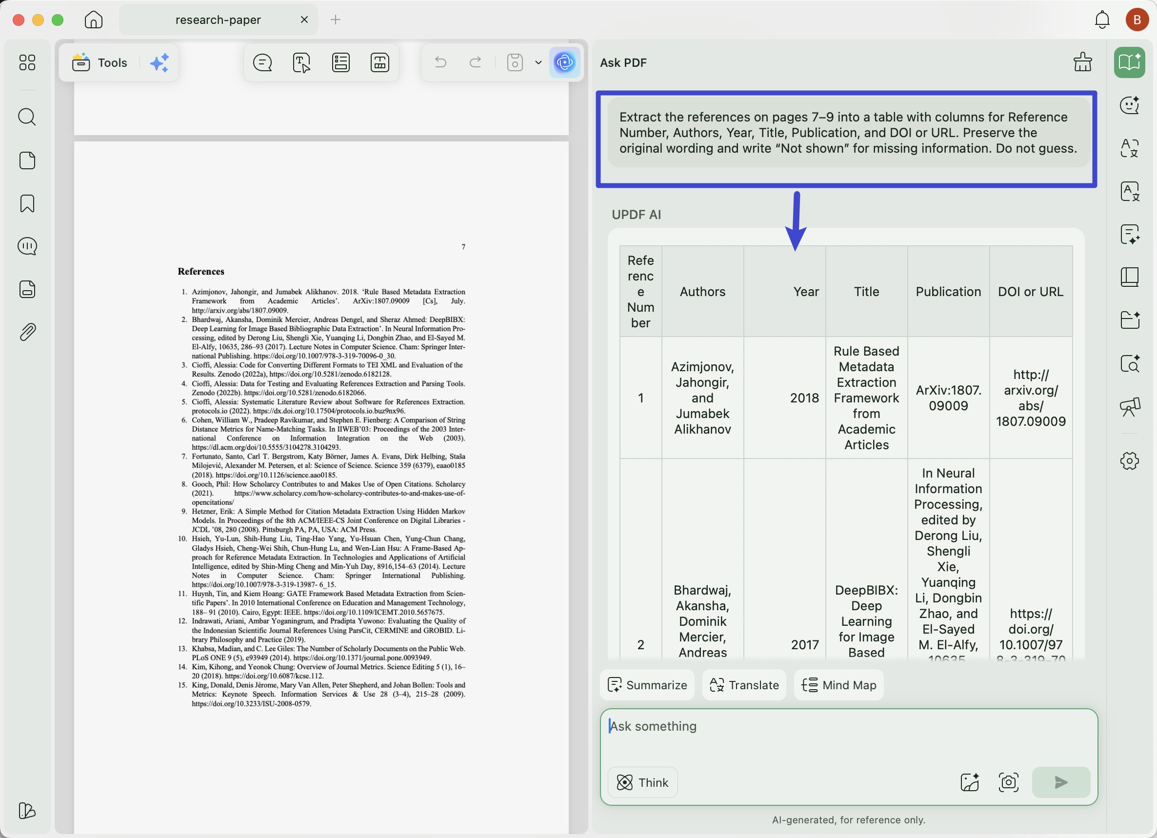 Use UPDF AI to extract citation fields from a PDF