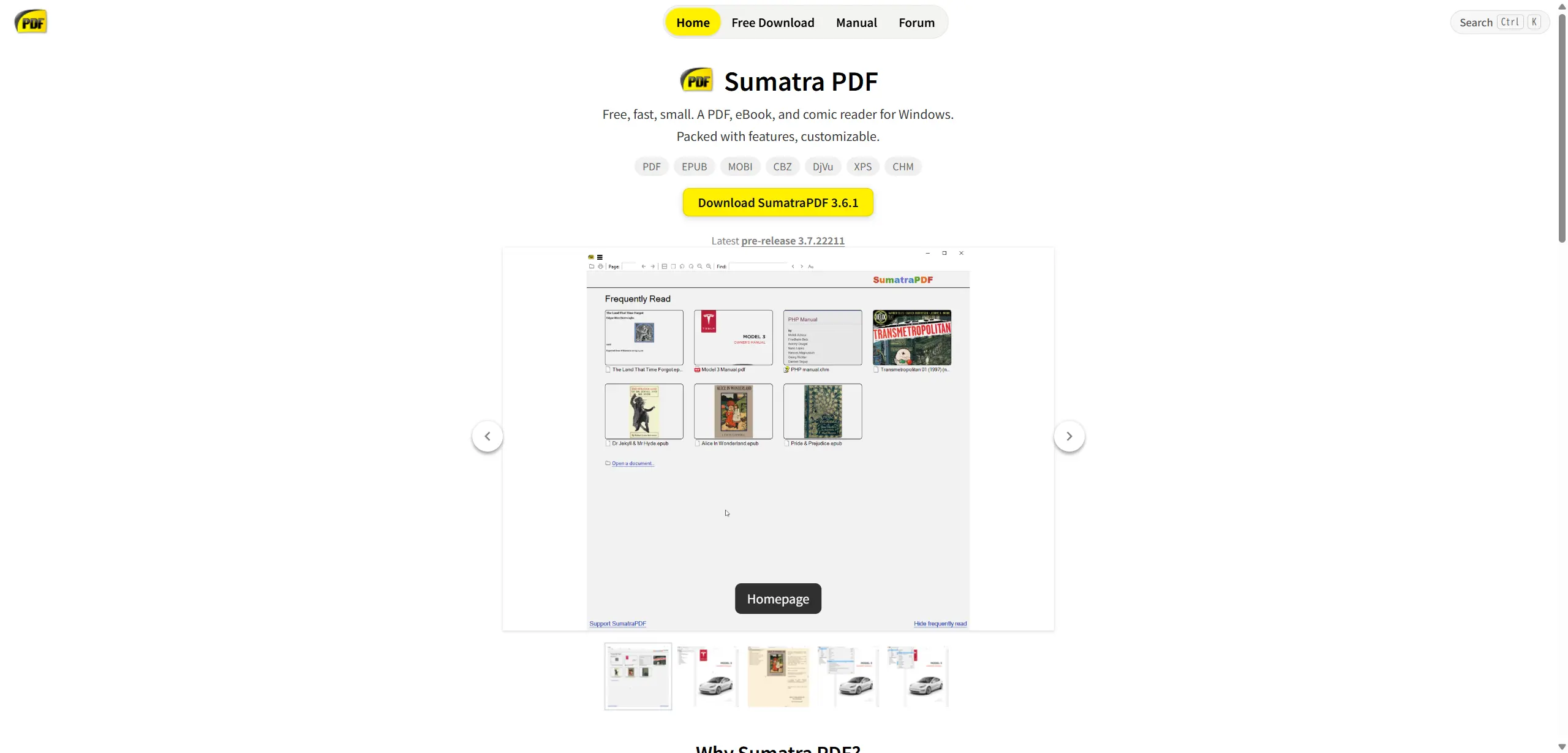 SumatraPDFの公式紹介ページ