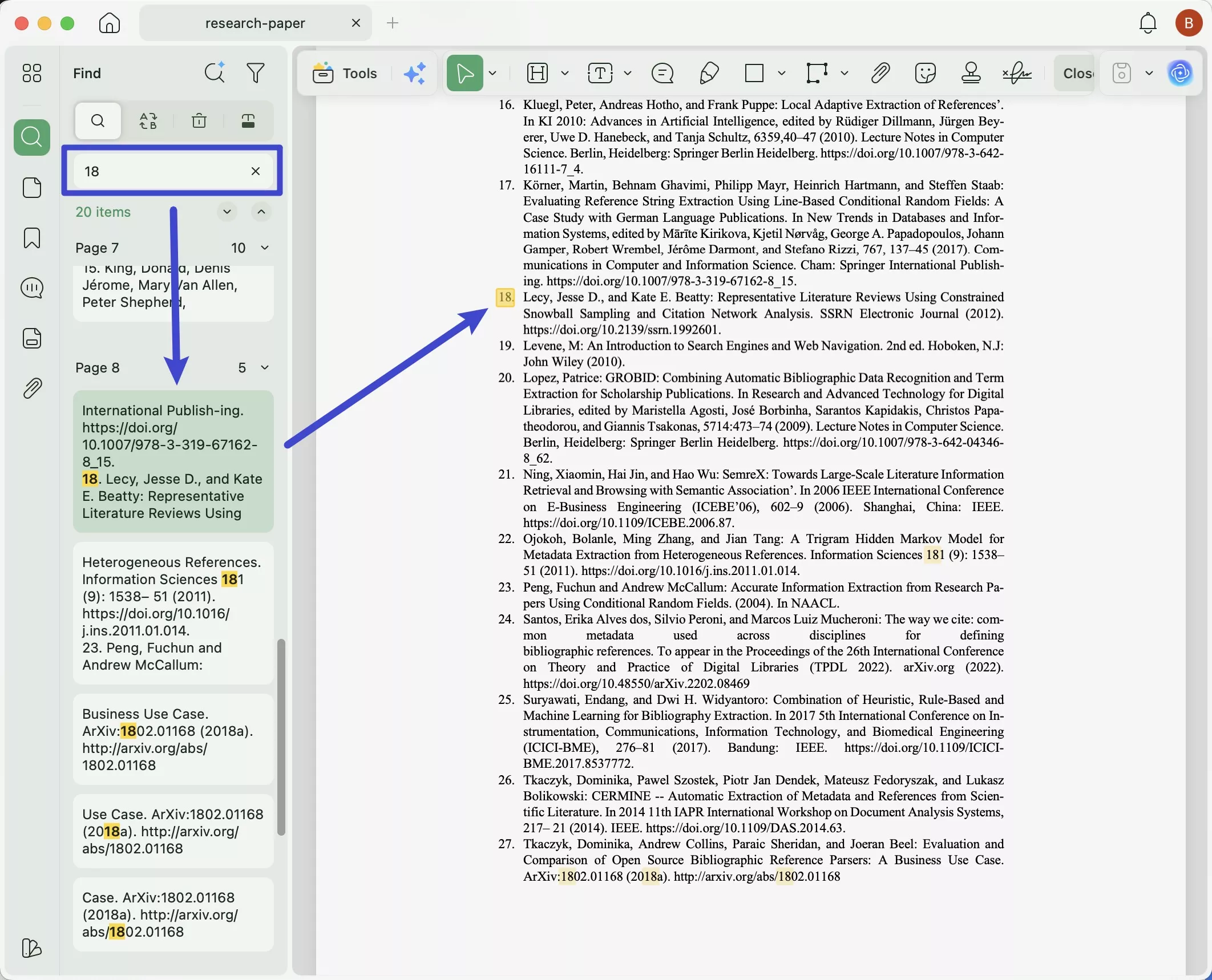 Search for the reference section in a research PDF with UPDF