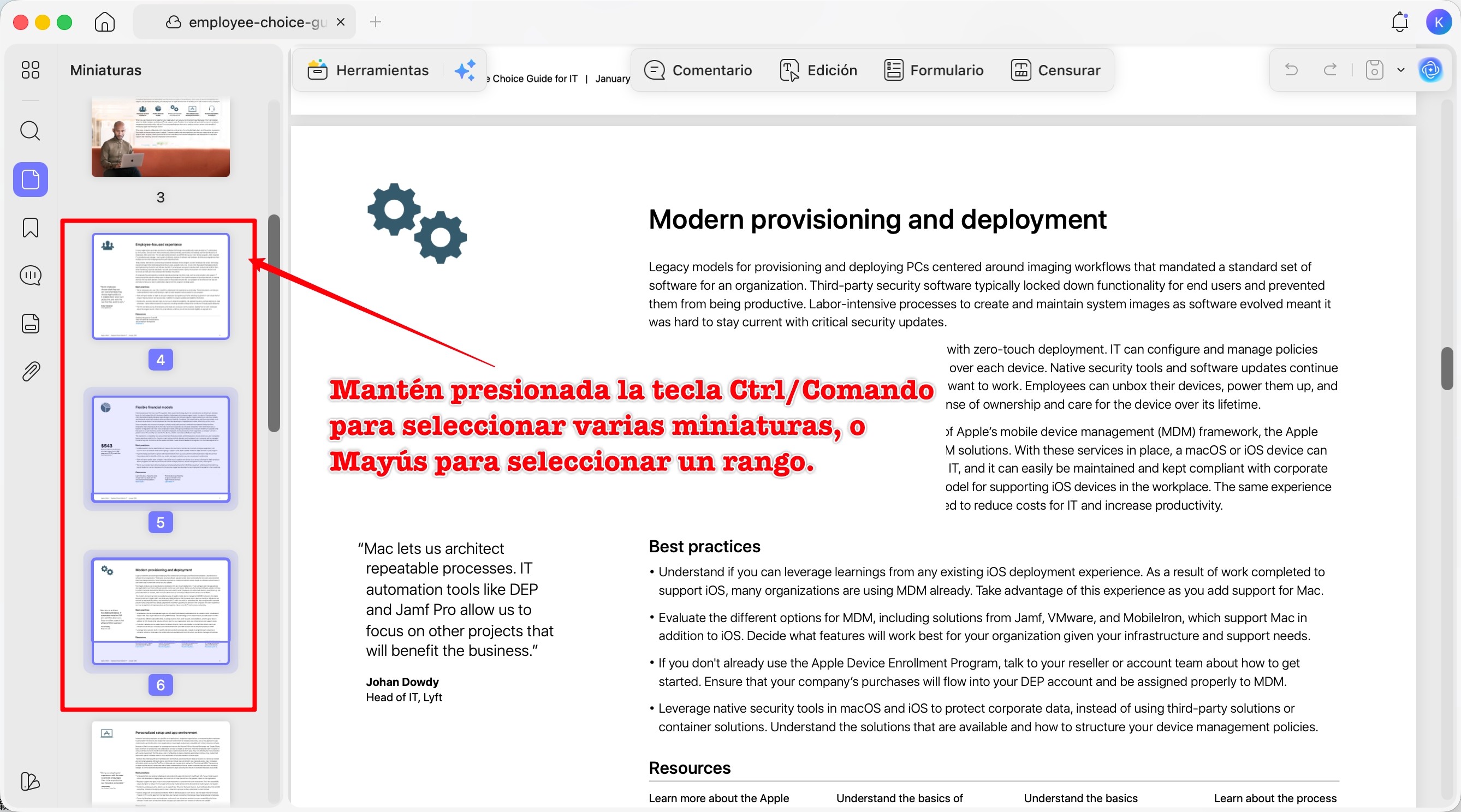 seleccionar varias miniaturas en UPDF para Mac