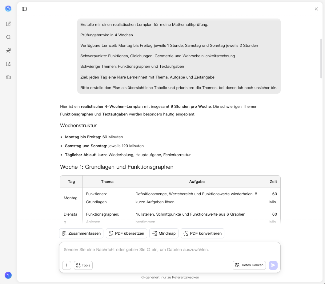 UPDF AI Lernplan-Ersteller Oberfläche