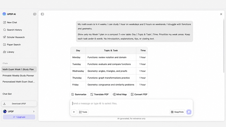 UPDF AI study plan generator interface