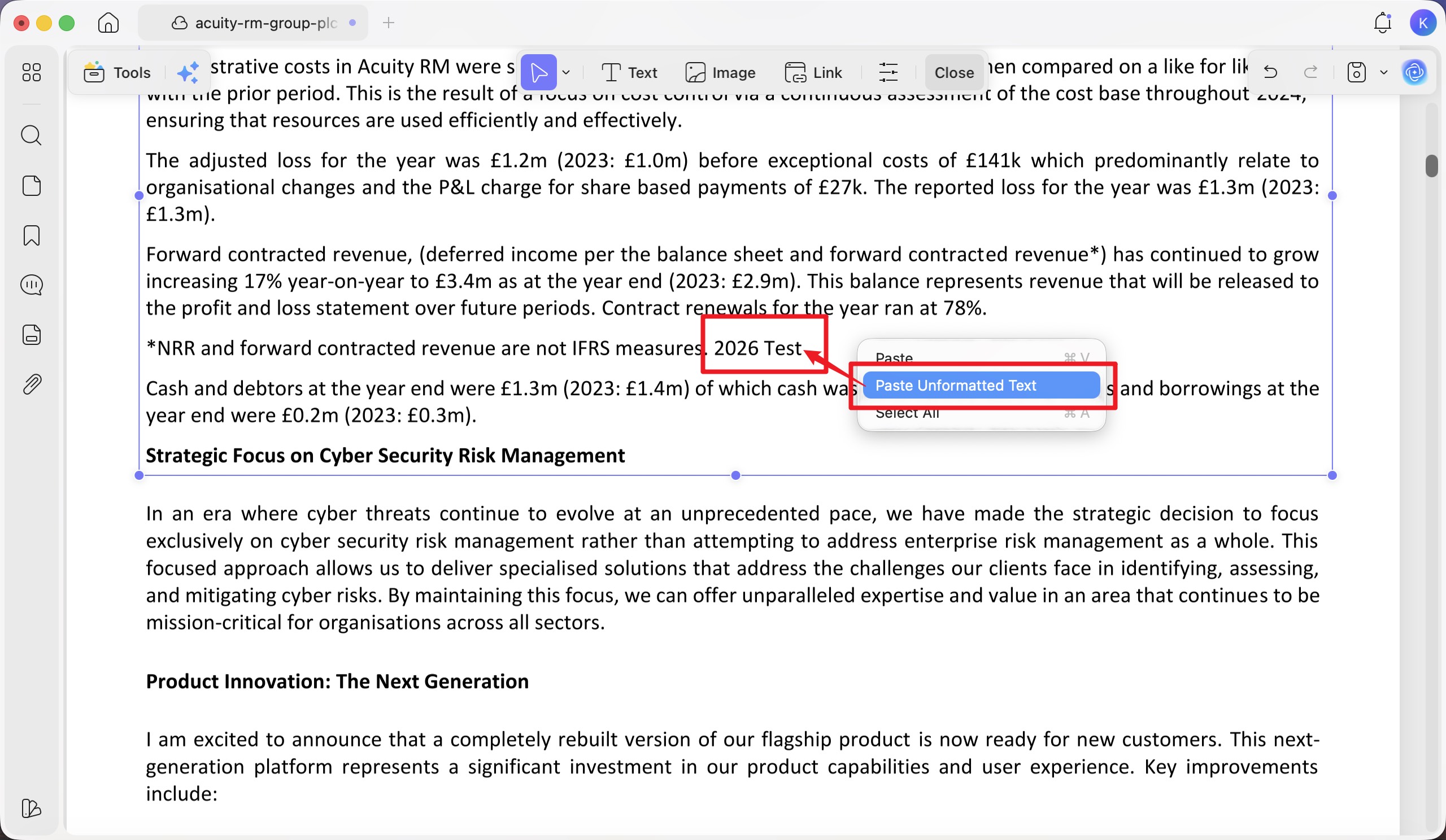 updf right-click menu with paste unformatted text