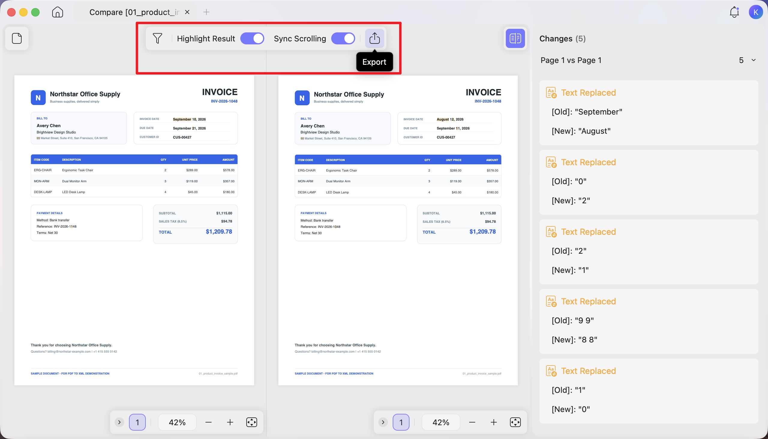 use export to save the comparison