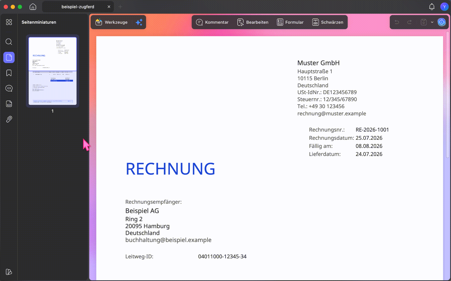 Eingebettete ZUGFeRD-XML in UPDF anzeigen