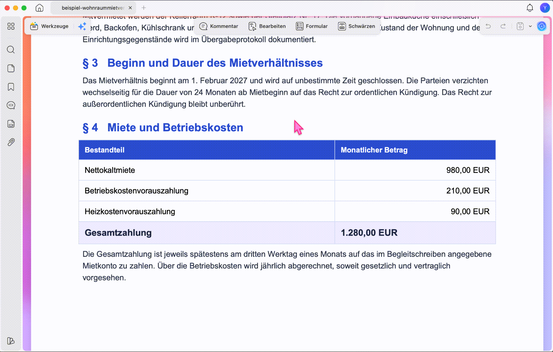 Mietvertrag-Klauseln prüfen und offene Fragen kommentieren