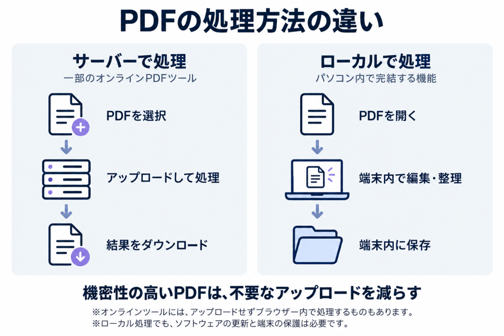 PDFをサーバーにアップロードして処理する方法と、パソコン内で処理する方法の比較