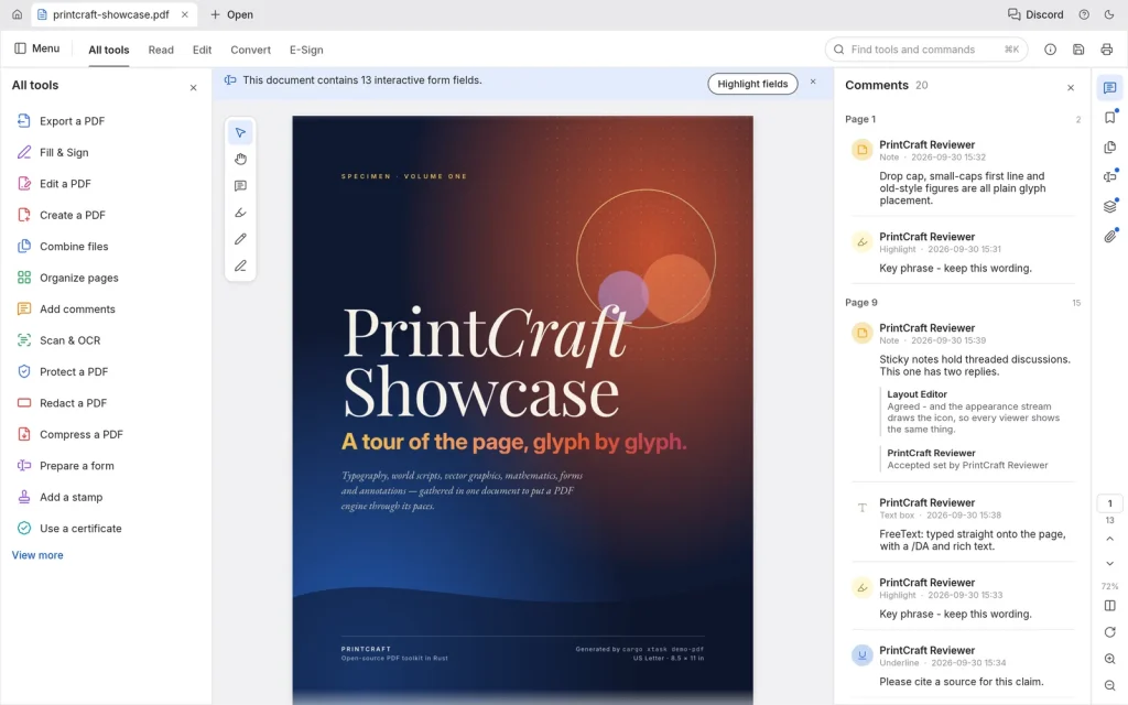 pdfcraft document viewer and tools panel