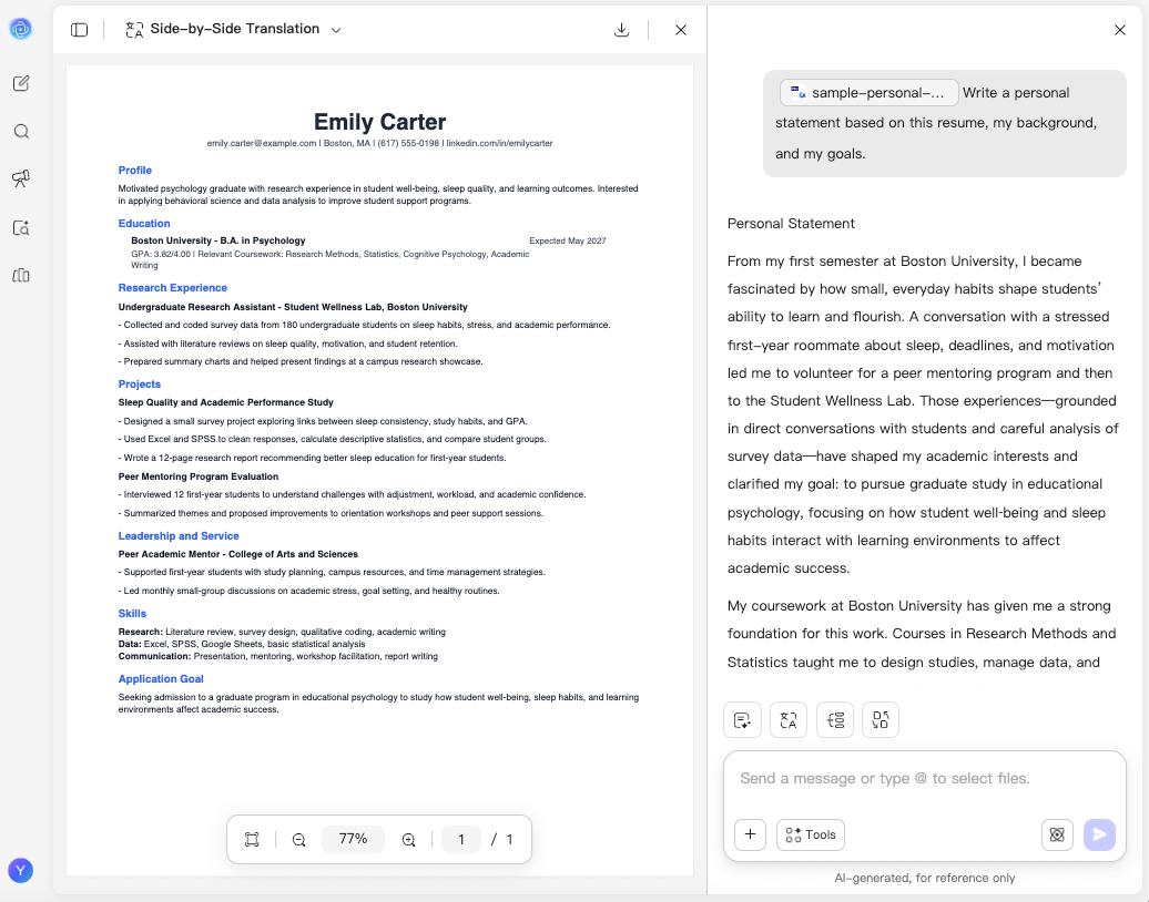 Interfaccia del generatore di personal statement di UPDF AI