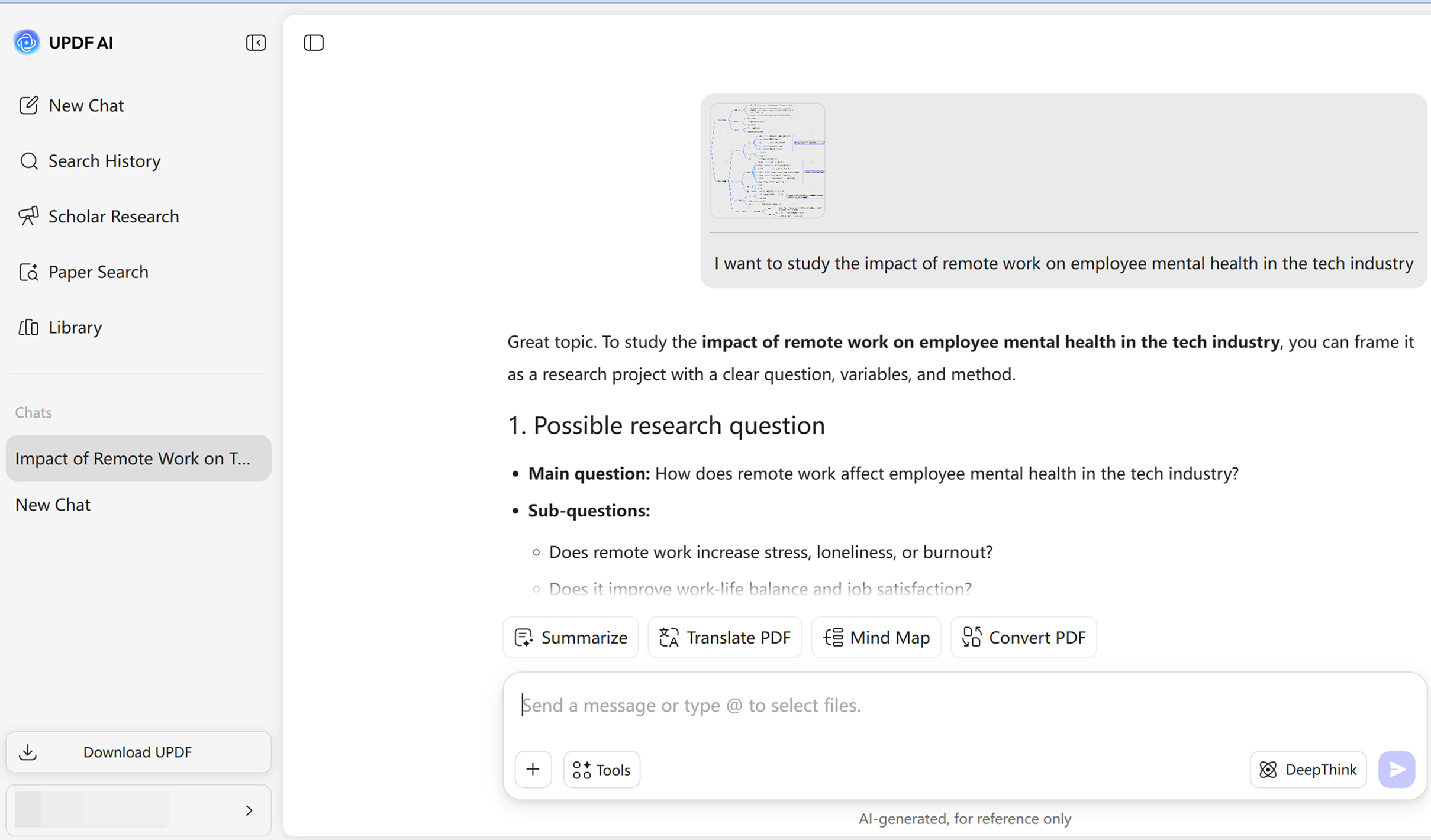 Interfaccia del generatore di problem statement di UPDF AI