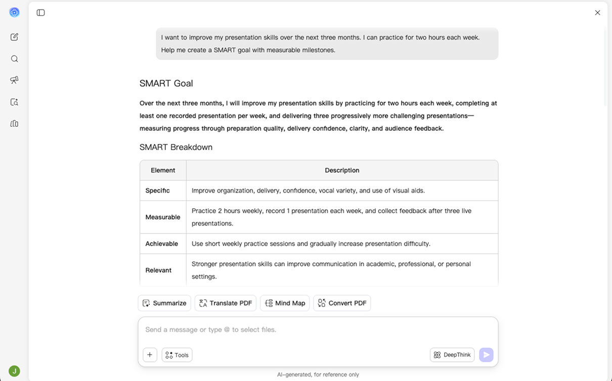 Interfaccia del generatore di obiettivi SMART di UPDF AI