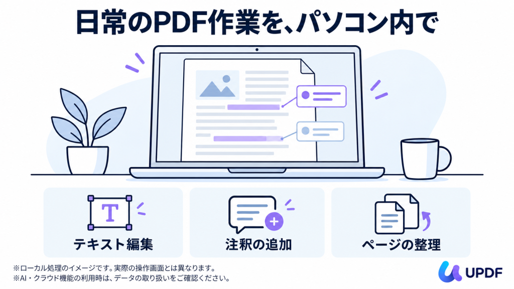 UPDFでPDFのテキスト編集、注釈追加、ページ整理をローカルで行うイメージ